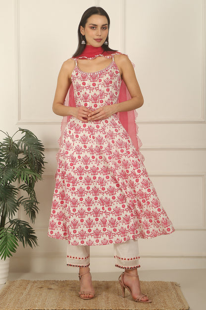 White and Pink Printed Cotton Lurex Anarkali Spaghetti Kurta, Pants and Dupatta Set
