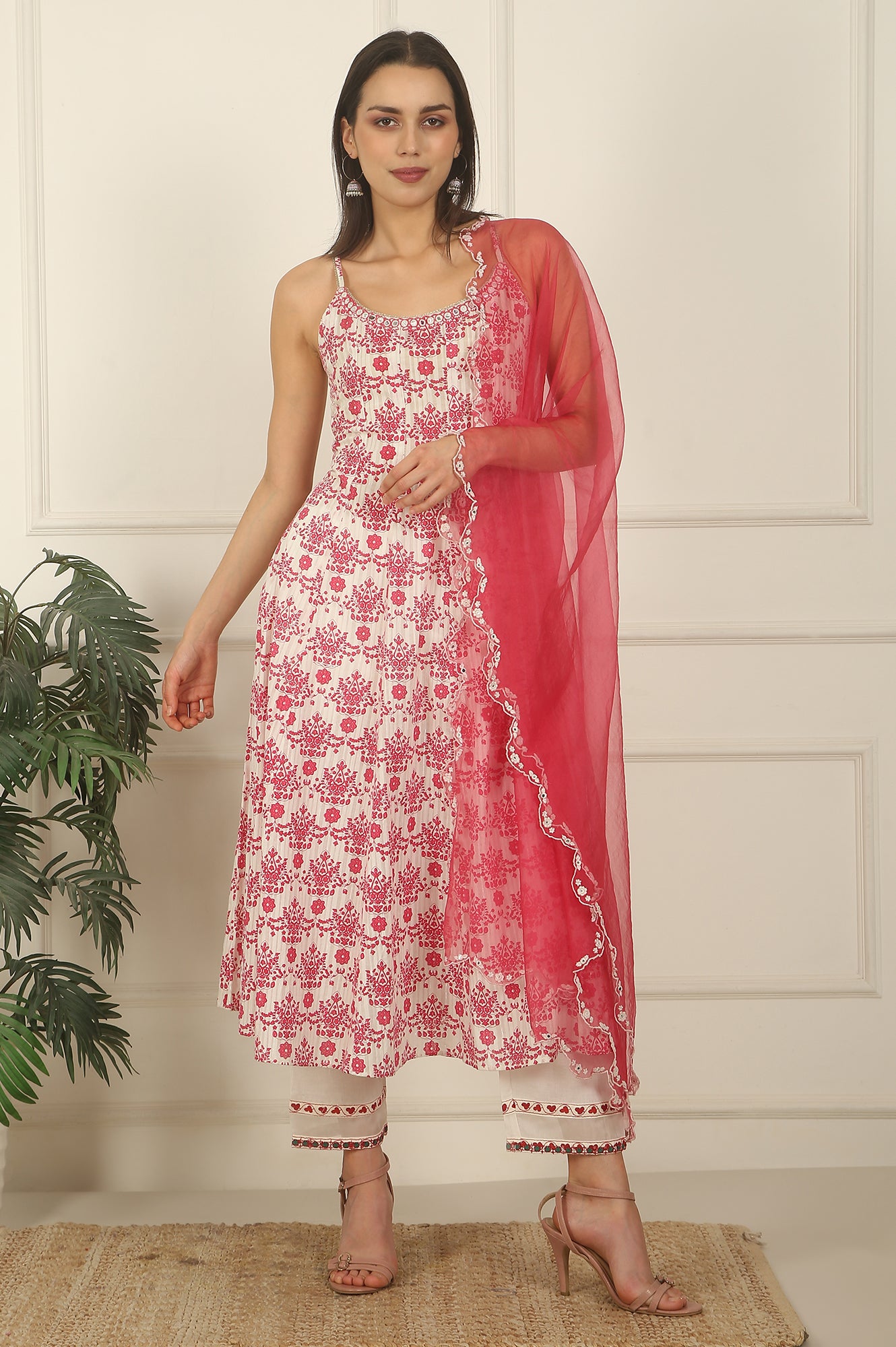White and Pink Printed Cotton Lurex Anarkali Spaghetti Kurta, Pants and Dupatta Set