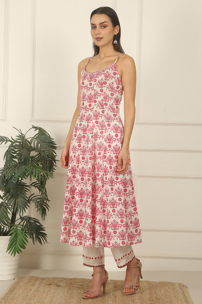 White and Pink Printed Cotton Lurex Anarkali Spaghetti Kurta, Pants and Dupatta Set