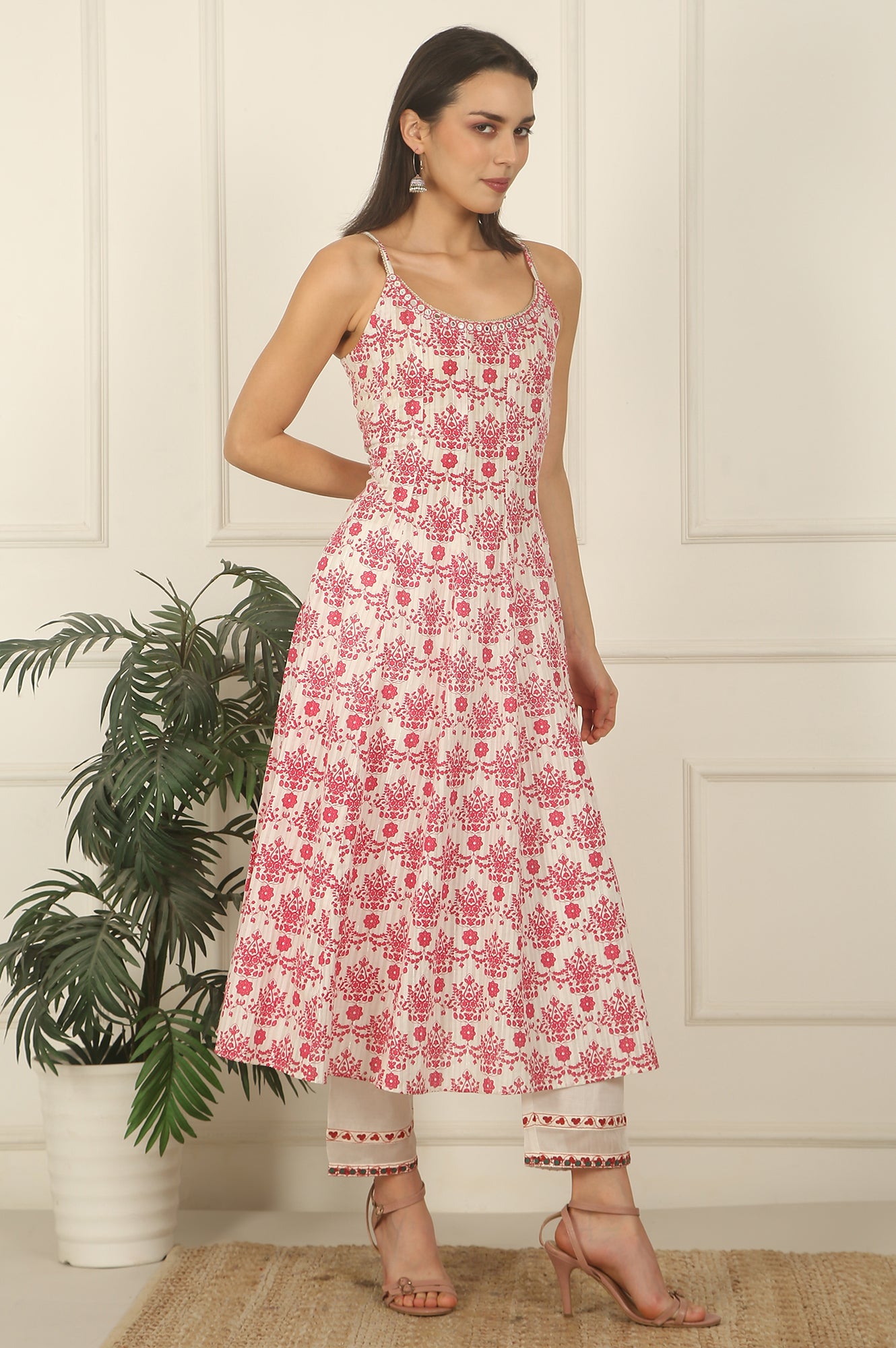 White and Pink Printed Cotton Lurex Anarkali Spaghetti Kurta, Pants and Dupatta Set