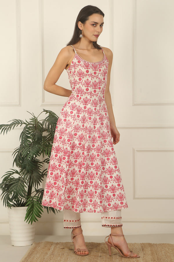 White and Pink Printed Cotton Lurex Anarkali Spaghetti Kurta, Pants and Dupatta Set
