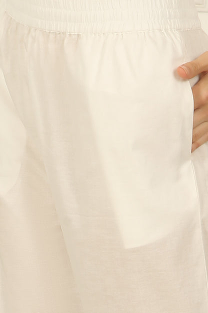 White and Pink Printed Cotton Lurex Anarkali Spaghetti Kurta, Pants and Dupatta Set