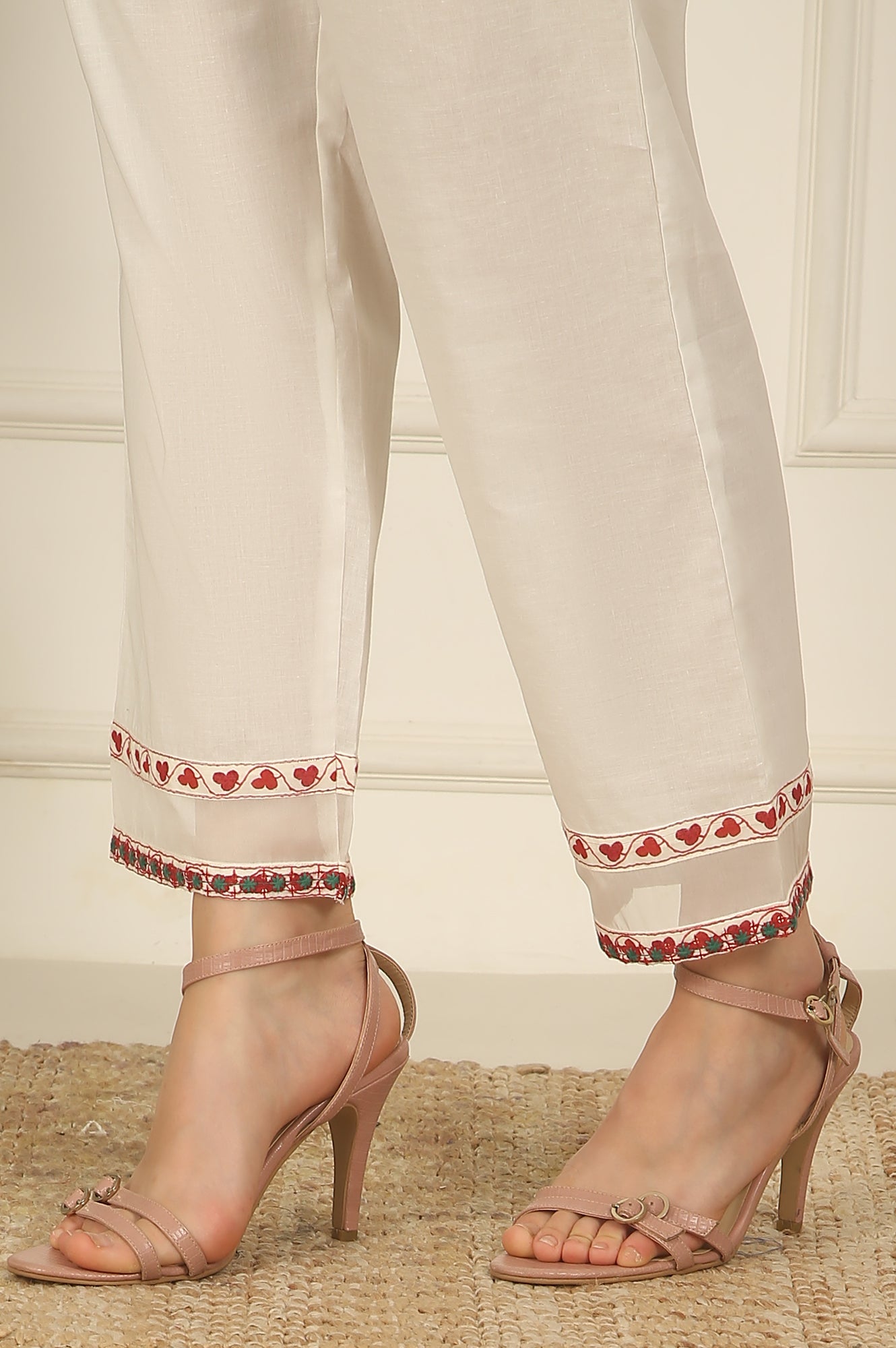 White and Pink Printed Cotton Lurex Anarkali Spaghetti Kurta, Pants and Dupatta Set