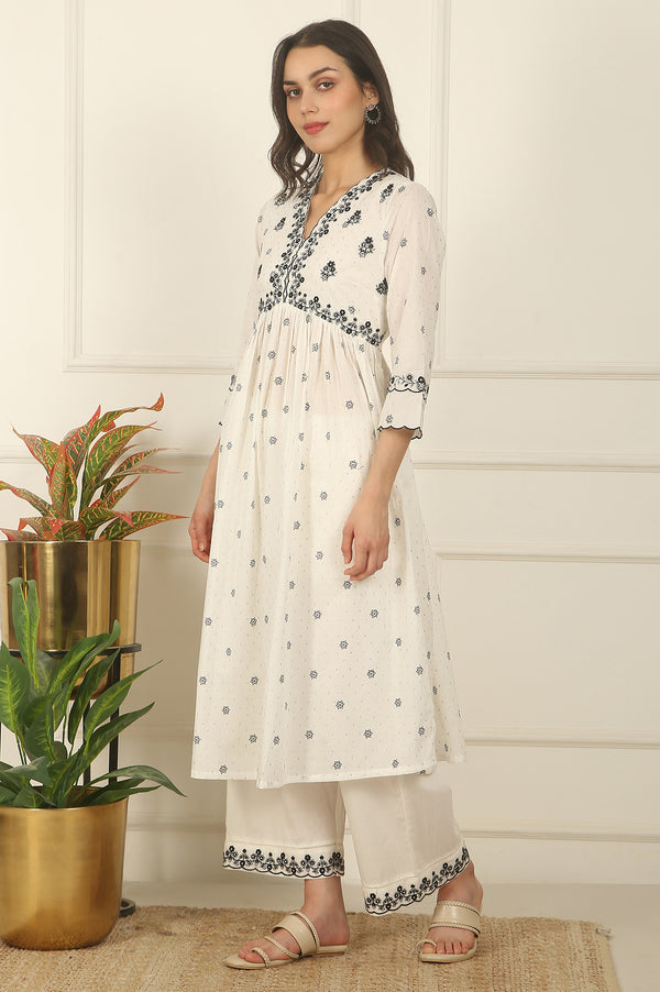 White Printed Thread Embroidered Chanderi Kurta, Pants and Kota Dupatta