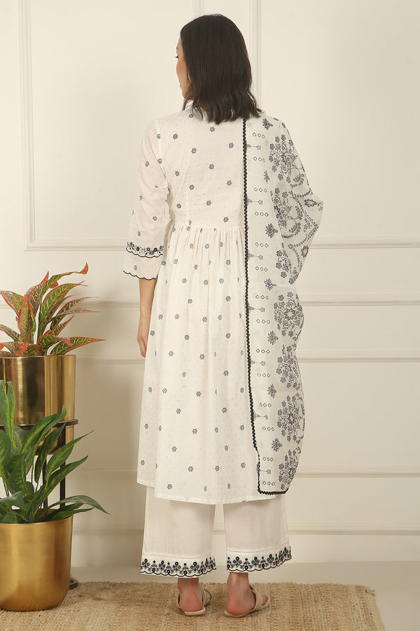 White Printed Thread Embroidered Chanderi Kurta, Pants and Kota Dupatta