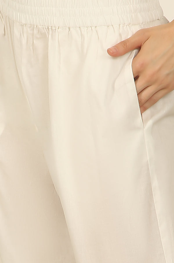 White Printed Thread Embroidered Chanderi Kurta, Pants and Kota Dupatta