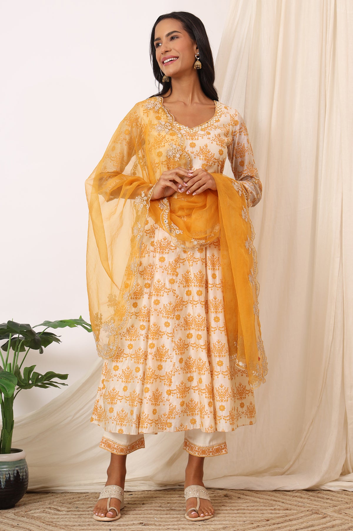 Cream and Yellow Printed Chanderi Anarkali Kurta, Pants and Dupatta Set - S