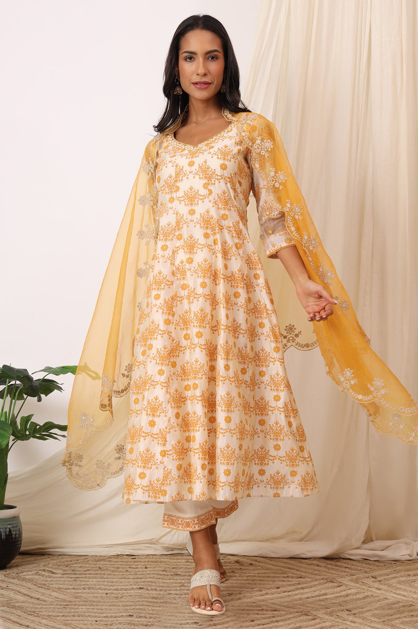 Cream and Yellow Printed Chanderi Anarkali Kurta, Pants and Dupatta Set