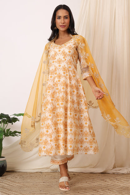 Cream and Yellow Printed Chanderi Anarkali Kurta, Pants and Dupatta Set