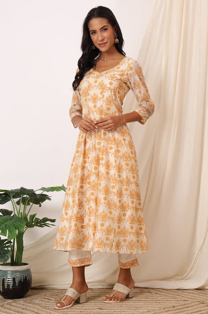 Cream and Yellow Printed Chanderi Anarkali Kurta, Pants and Dupatta Set