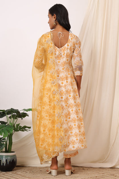 Cream and Yellow Printed Chanderi Anarkali Kurta, Pants and Dupatta Set