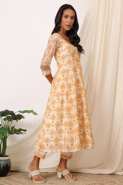 Cream and Yellow Printed Chanderi Anarkali Kurta, Pants and Dupatta Set