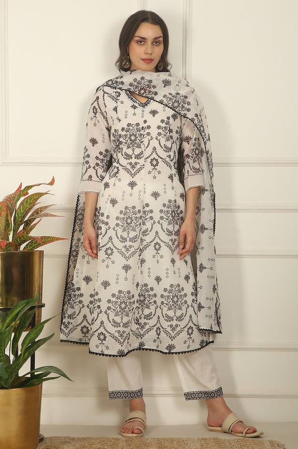 White and Black Floral Printed Kota Flared Kurta, Pants and Dupatta Set