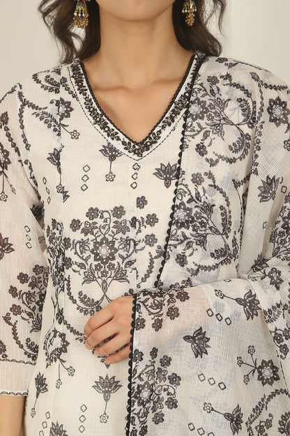 White and Black Floral Printed Kota Flared Kurta, Pants and Dupatta Set