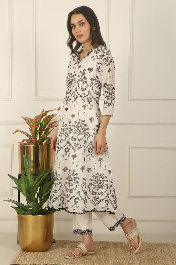 White and Black Floral Printed Kota Flared Kurta, Pants and Dupatta Set