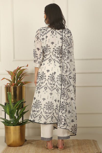 White and Black Floral Printed Kota Flared Kurta, Pants and Dupatta Set