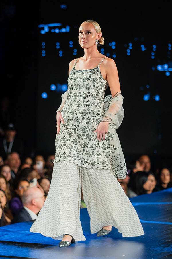 Off-White and Black Floral Printed Chanderi Short Kurta and Sharara Set with Dupatta