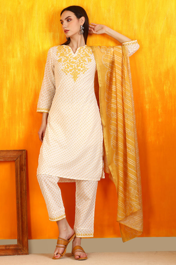 White Dot Printed Embroidered Pure Cotton Straight Kurta, Pants and Dupatta Set