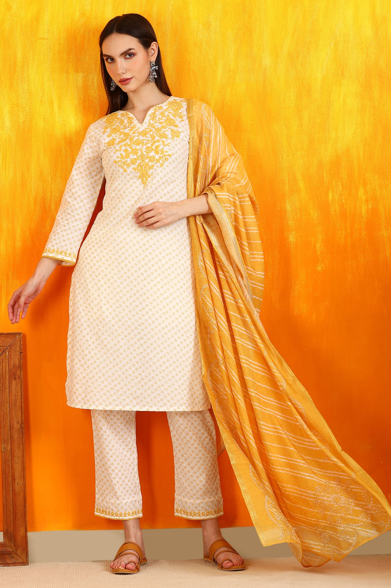 White Dot Printed Embroidered Pure Cotton Straight Kurta, Pants and Dupatta Set