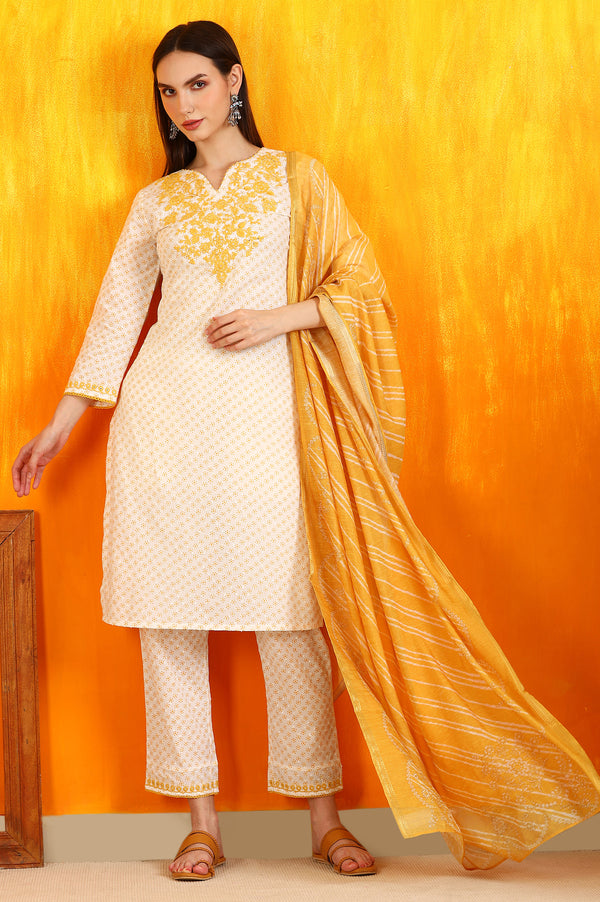White Dot Printed Embroidered Pure Cotton Straight Kurta, Pants and Dupatta Set