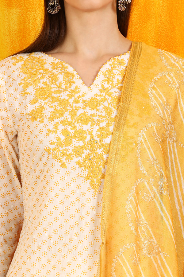 White Dot Printed Embroidered Pure Cotton Straight Kurta, Pants and Dupatta Set