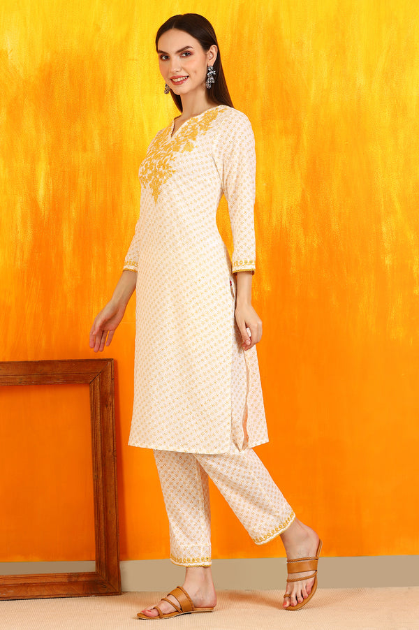 White Dot Printed Embroidered Pure Cotton Straight Kurta, Pants and Dupatta Set