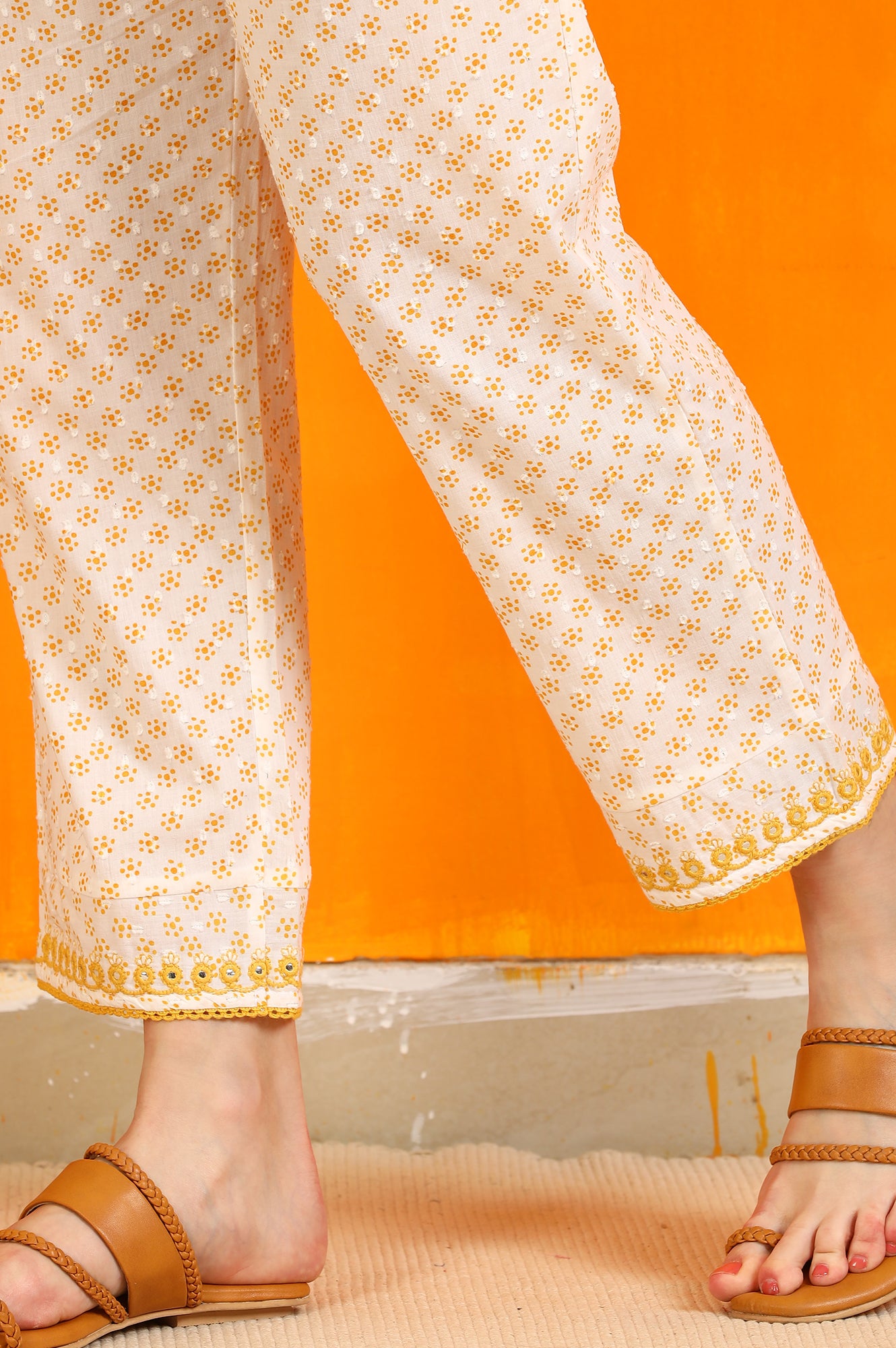 White Dot Printed Embroidered Pure Cotton Straight Kurta, Pants and Dupatta Set