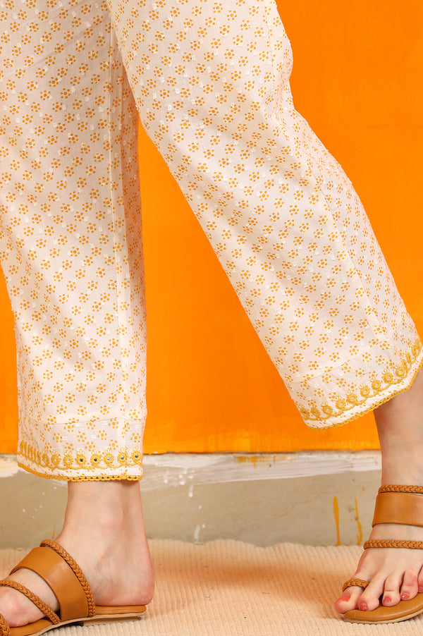 White Dot Printed Embroidered Pure Cotton Straight Kurta, Pants and Dupatta Set