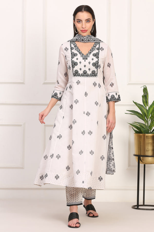 White Floral Printed Embellished Chanderi Flared Kurta, Pant and Dupatta Set