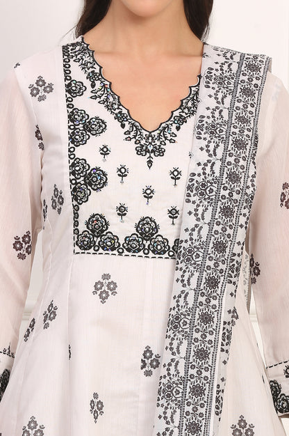 White Floral Printed Embellished Chanderi Flared Kurta, Pant and Dupatta Set
