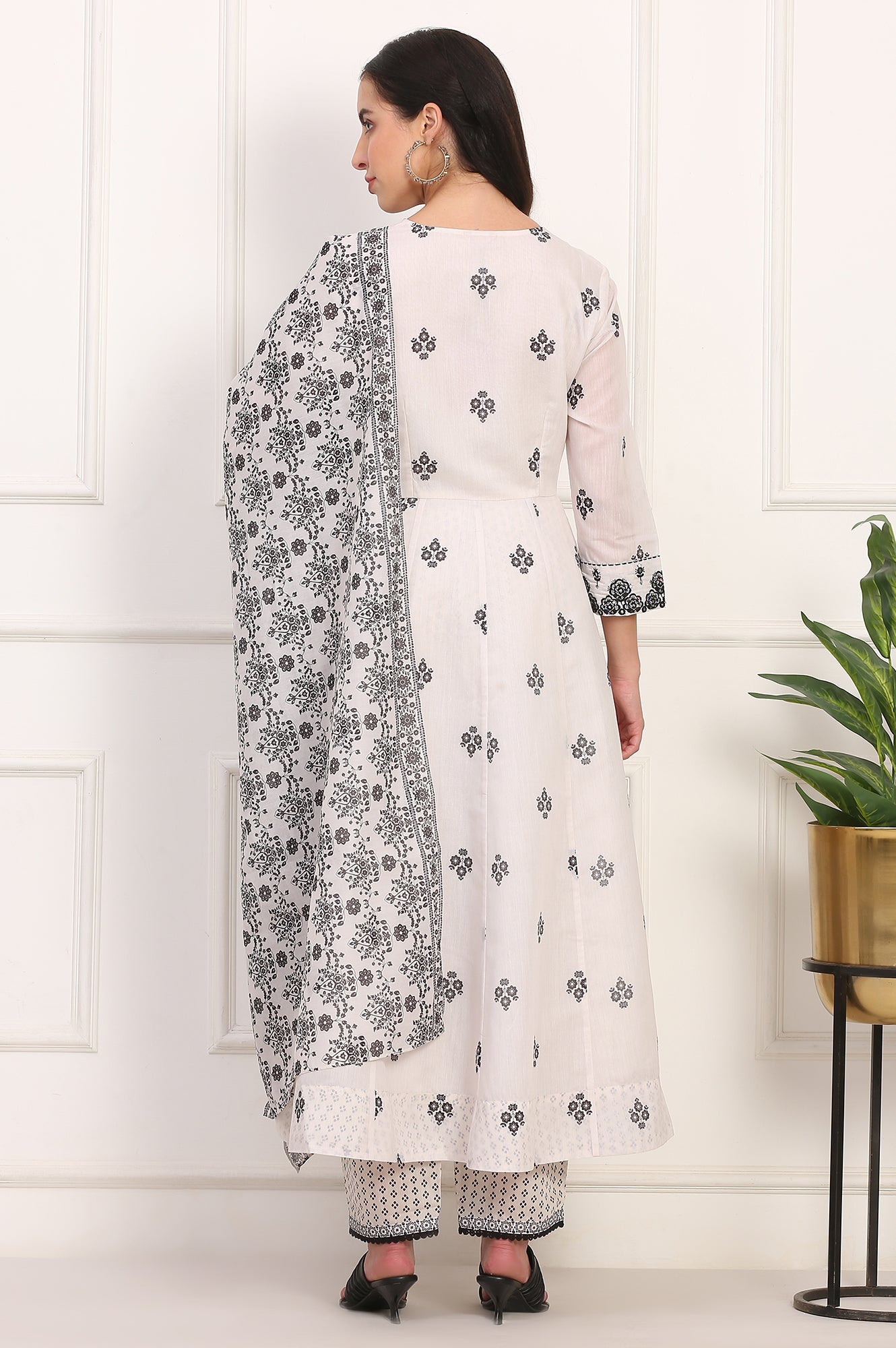 White Floral Printed Embellished Chanderi Flared Kurta, Pant and Dupatta Set