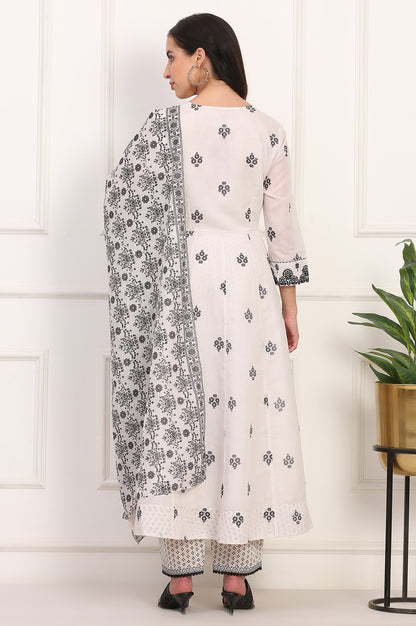 White Floral Printed Embellished Chanderi Flared Kurta, Pant and Dupatta Set