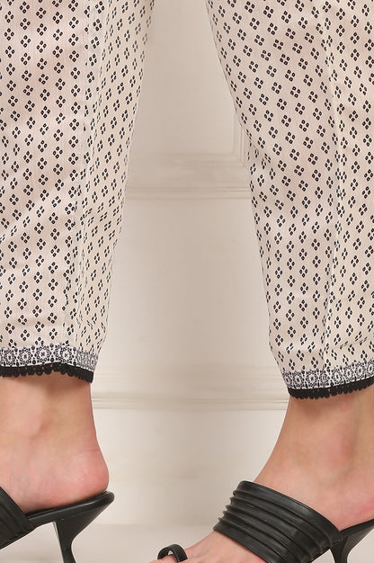 White Floral Printed Embellished Chanderi Flared Kurta, Pant and Dupatta Set