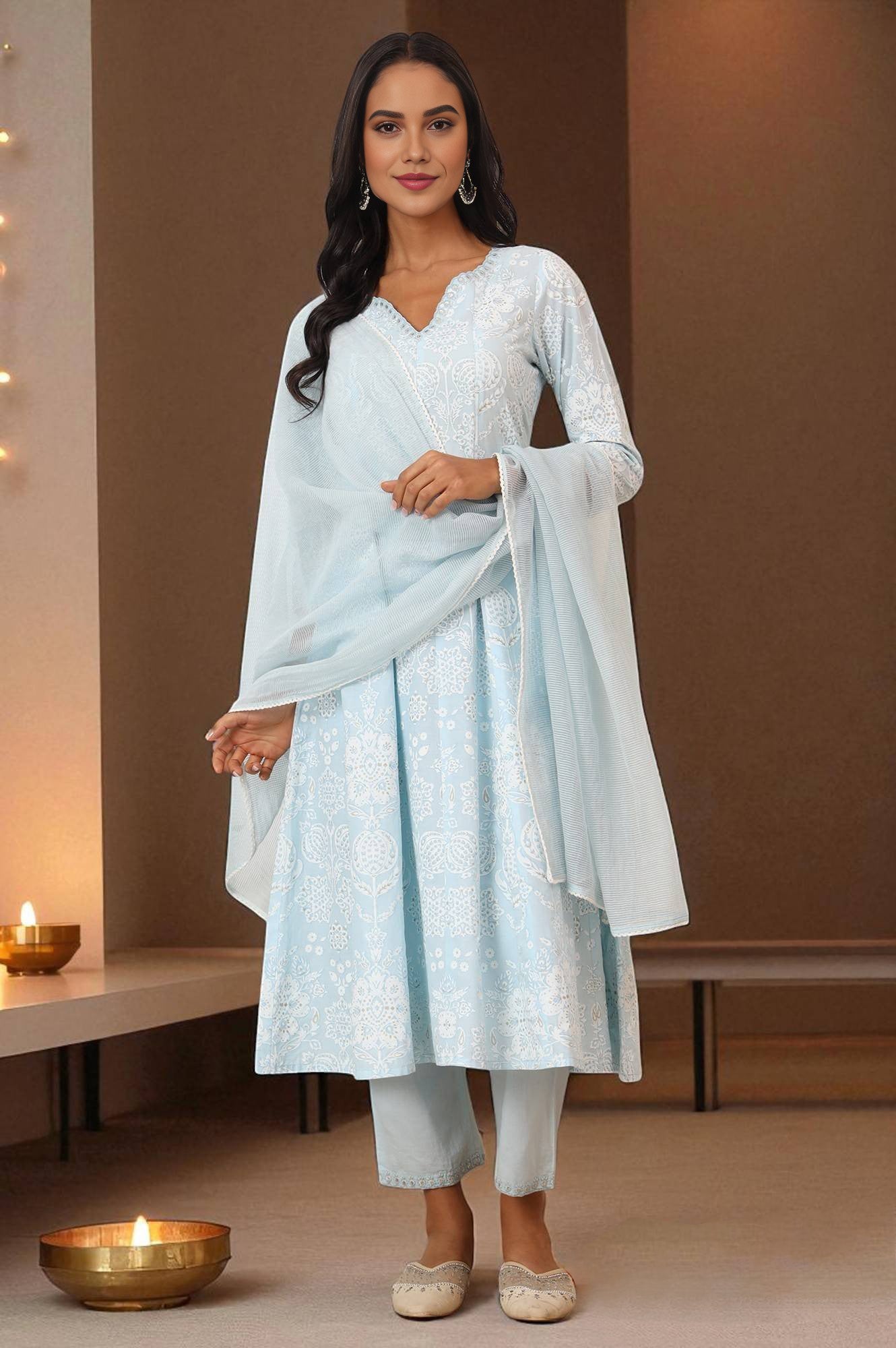 Sky Blue Printed Pure Cotton Anarkali Kurta, Pants and Dupatta Set