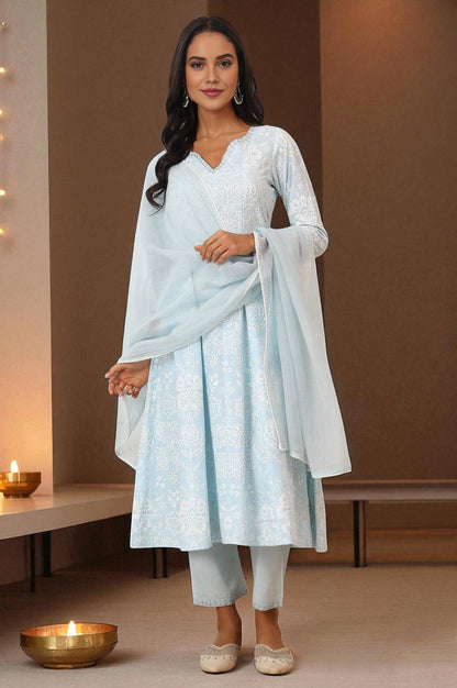 Sky Blue Printed Pure Cotton Anarkali Kurta, Pants and Dupatta Set
