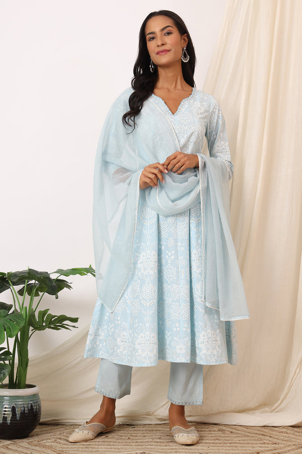 Sky Blue Printed Pure Cotton Anarkali Kurta, Pants and Dupatta Set