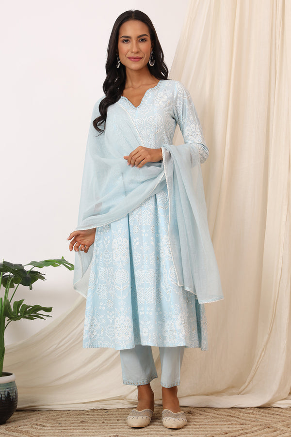 Sky Blue Printed Pure Cotton Anarkali Kurta, Pants and Dupatta Set