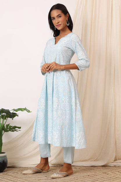 Sky Blue Printed Pure Cotton Anarkali Kurta, Pants and Dupatta Set