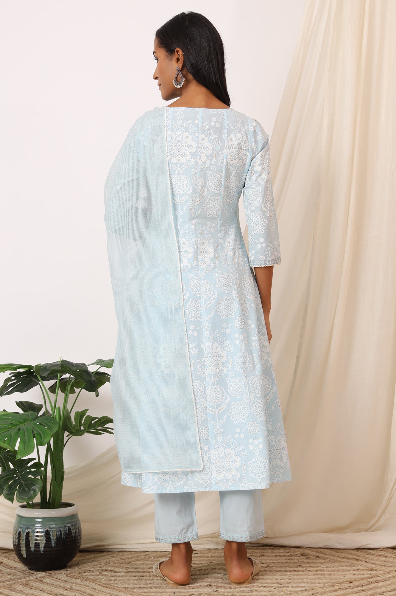 Sky Blue Printed Pure Cotton Anarkali Kurta, Pants and Dupatta Set