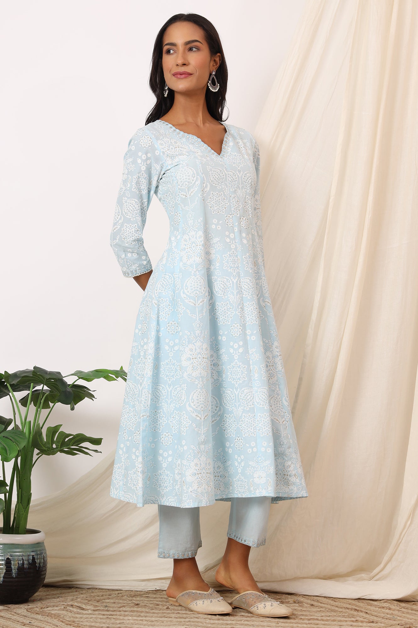 Sky Blue Printed Pure Cotton Anarkali Kurta, Pants and Dupatta Set