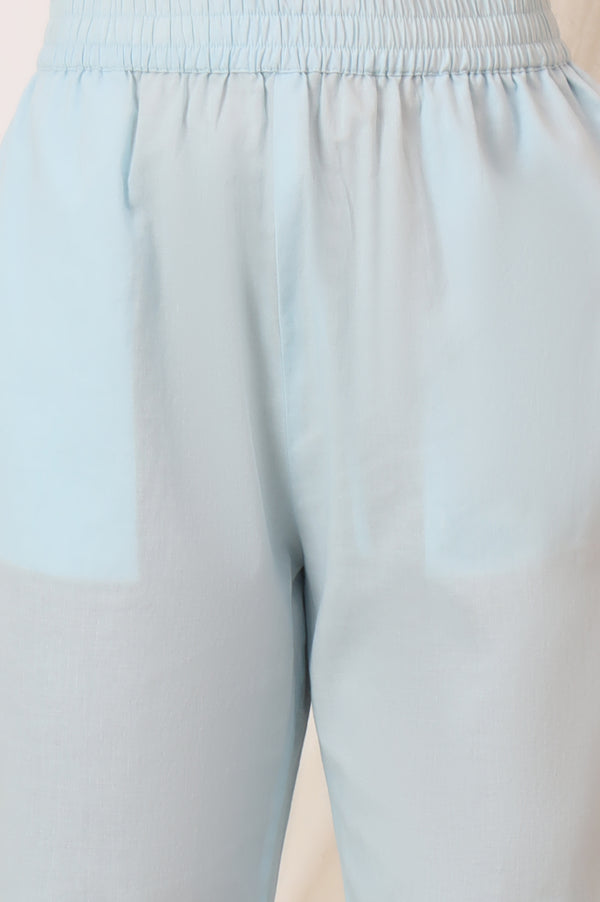 Sky Blue Printed Pure Cotton Anarkali Kurta, Pants and Dupatta Set