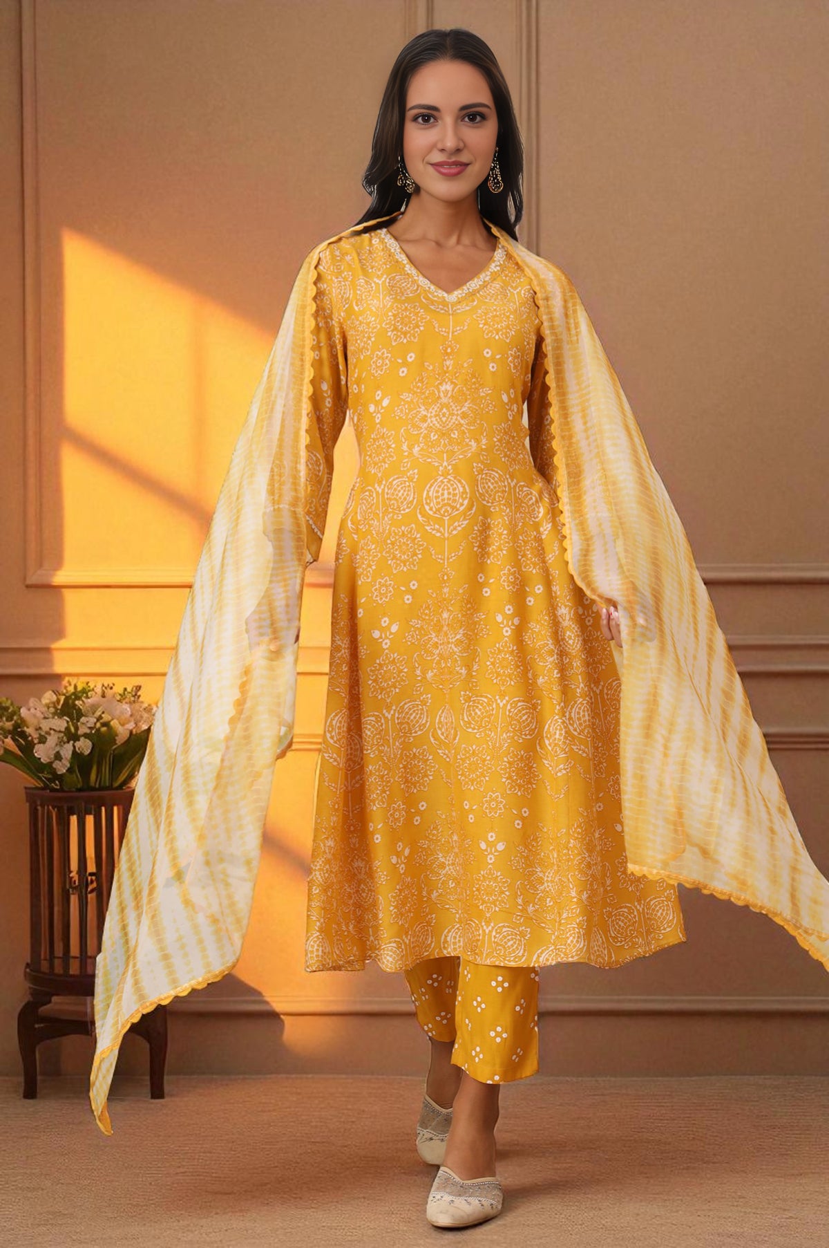 Mango Yellow Printed Flared Kurta and Pants Set with Dupatta - XS