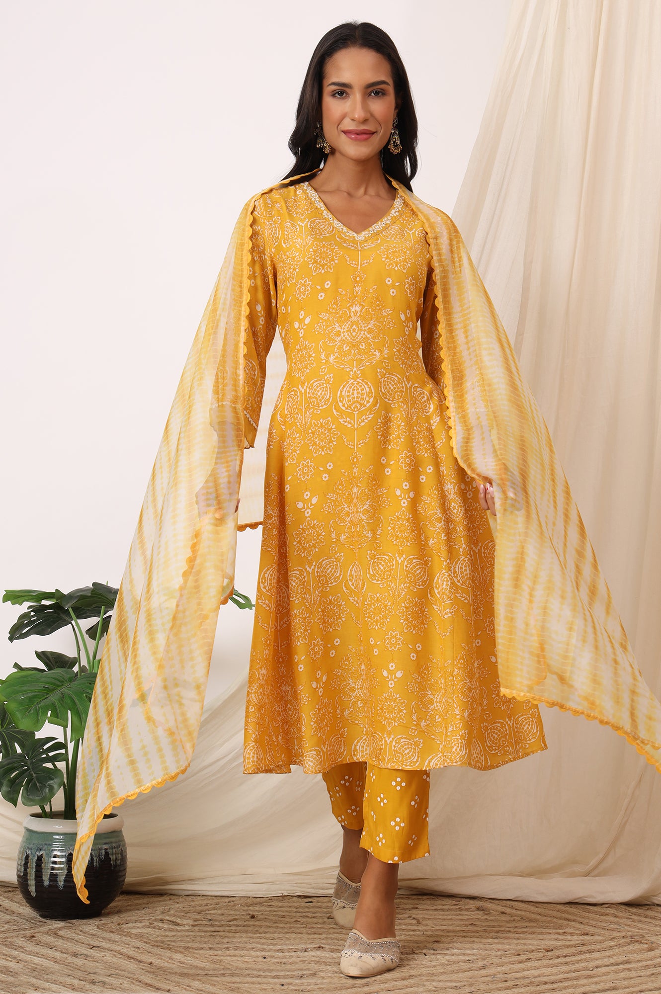 Mango Yellow Printed Flared Kurta and Pants Set with Dupatta