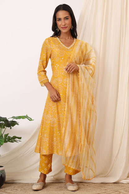 Mango Yellow Printed Flared Kurta and Pants Set with Dupatta