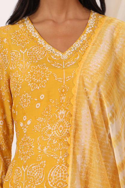 Mango Yellow Printed Flared Kurta and Pants Set with Dupatta