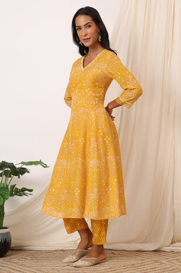Mango Yellow Printed Flared Kurta and Pants Set with Dupatta