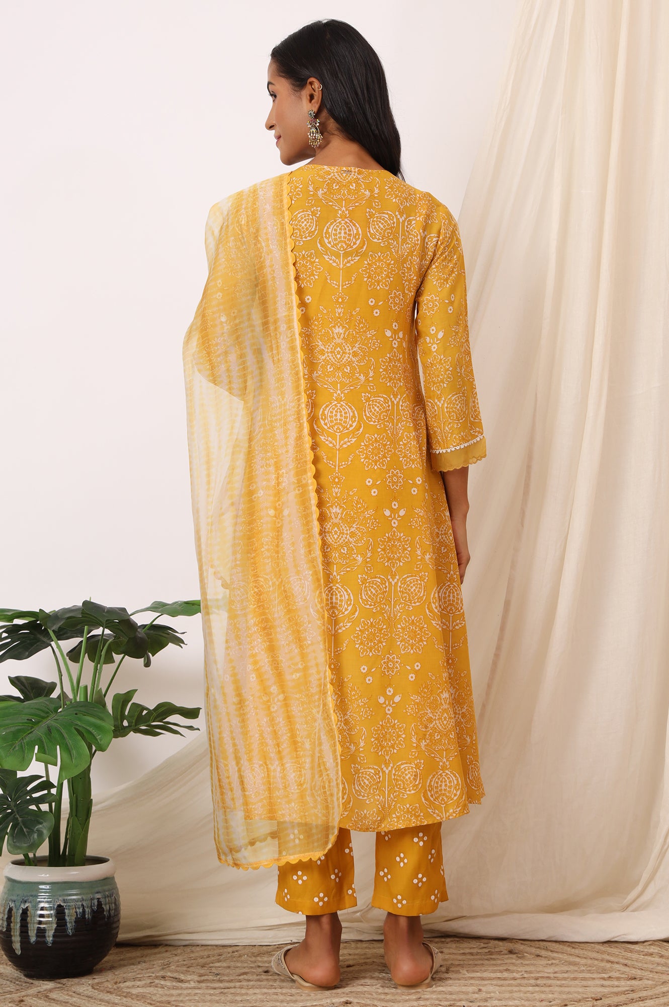 Mango Yellow Printed Flared Kurta and Pants Set with Dupatta