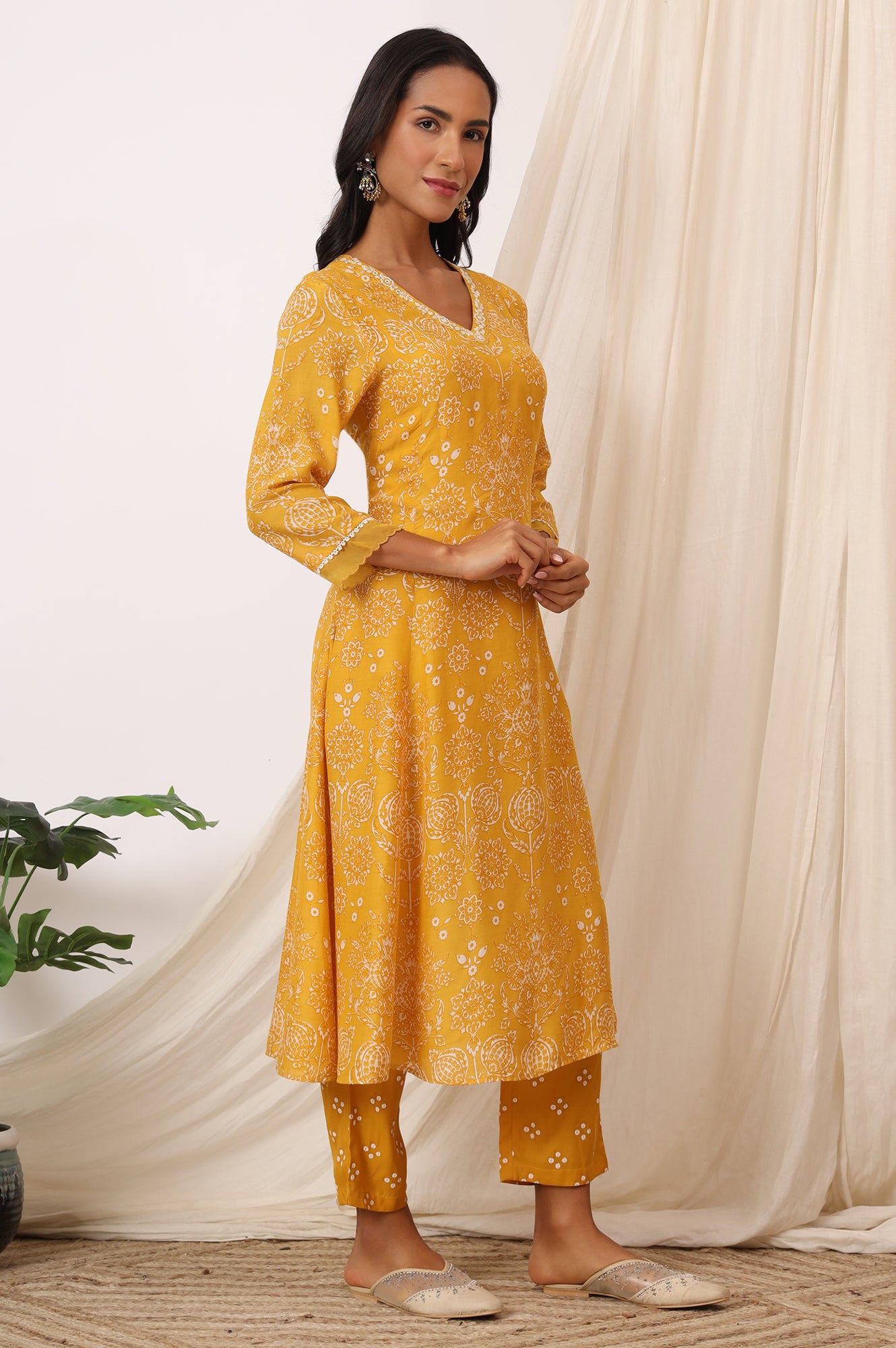 Mango Yellow Printed Flared Kurta and Pants Set with Dupatta