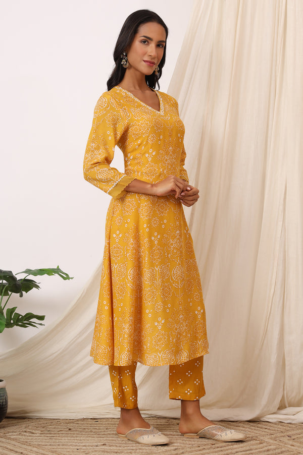 Mango Yellow Printed Flared Kurta and Pants Set with Dupatta