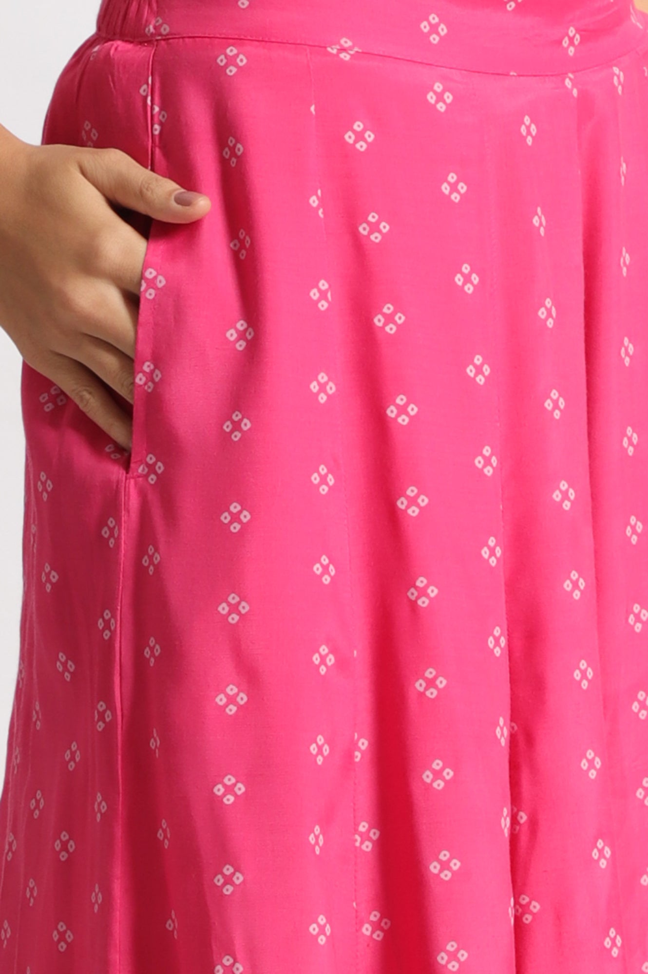 Pink Bandhani Printed Chiffon Gillet, Spaghetti Crop Top and Flared Culottes Set